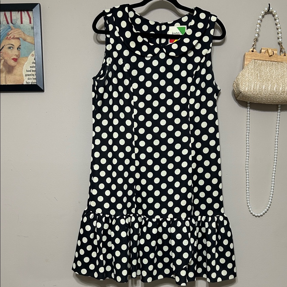 Sleeveless Black & Cream Polka Dot Midi Dress - Classic Fit